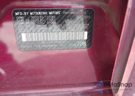 2017 Mitsubishi Mirage Es from USA, damaged, VIN ML32A3HJXHH004738